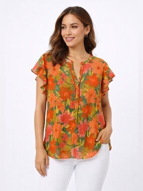 DR2 NWT XL Floral Blouse Ruffle Sleeve Boho Lightweight Summer Top